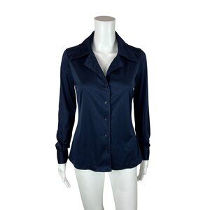 Vintage 70s Disco Blouse Women's Medium Dark Blue Shiny Going Out Top